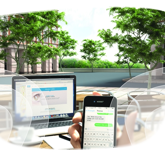 Blick auf Smartphone, Bildschirm und in die Ferne mit angedeuteten Sehbereichen eines Gleitsichtglases.